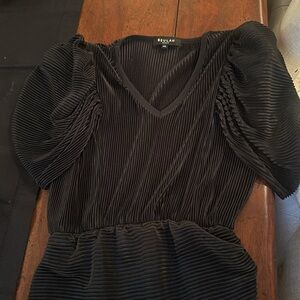 Beulah Style Pleated Plisse Asymmetrical Black Puff Sleeve Dress